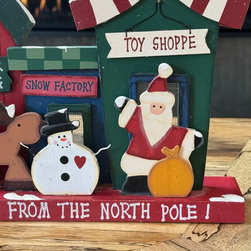 Vintage Kmart Wooden Christmas Village Shelf Sitter North Pole Toy Shop Reindeer